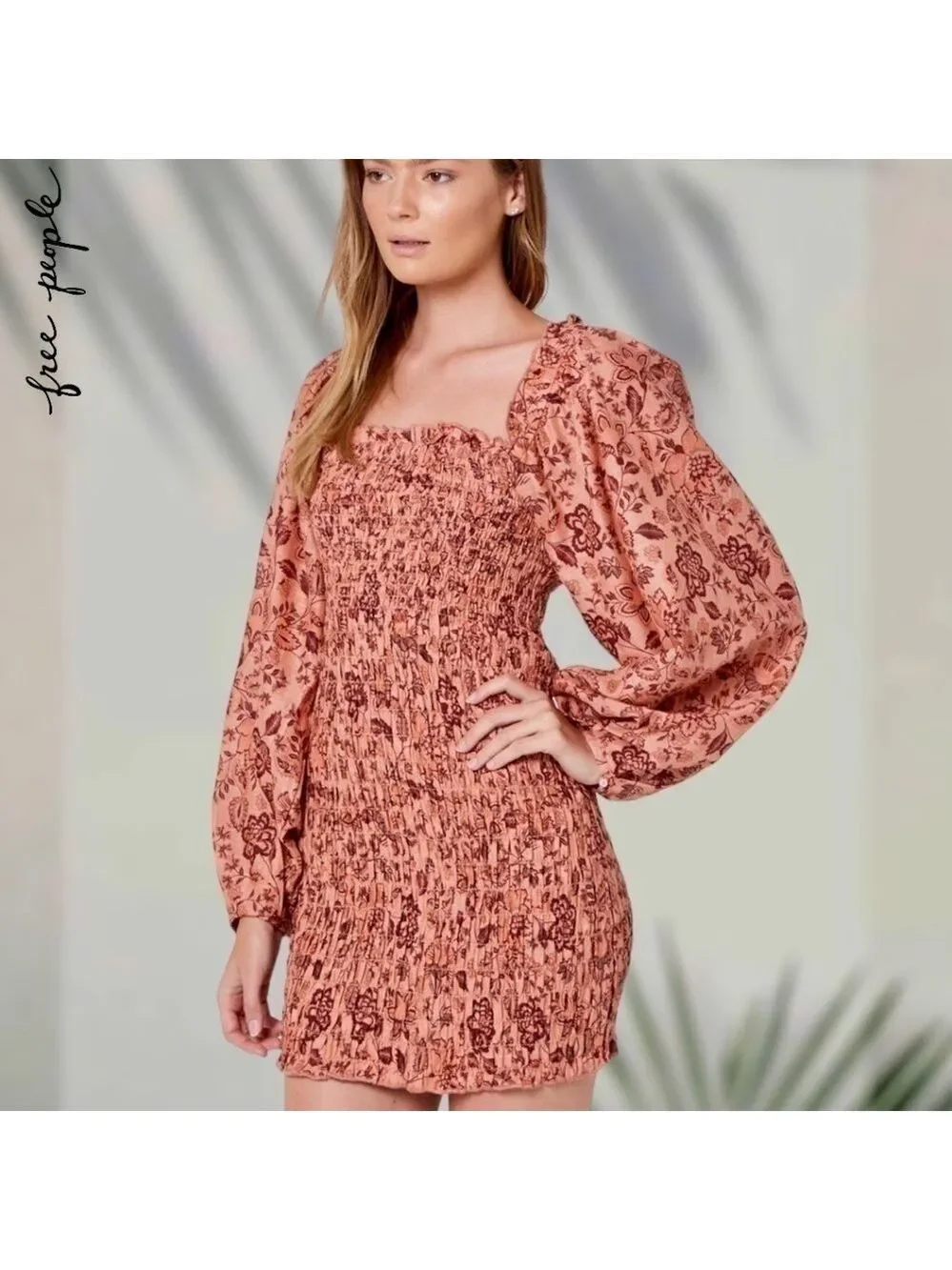 FREE PEOPLE Smock it to Me Puff-Sleeve On/Off Shoulder Smocked MiniDress/Lg NWT